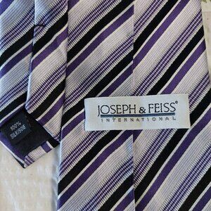Joseph & Feiss 100% Silk  Purple Black Silver/Grey Strips Necktie  4"